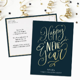 Happy New Year Blue Gold Script Modern Business Folien Feiertagspostkarte