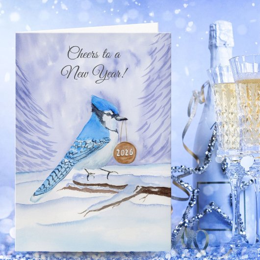 Happy New Year Blue Jay Holding a 2026 Wooden Sign Karte