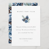 Happy New Year Blue Pinecones Flat Card Einladung (Vorne/Hinten)