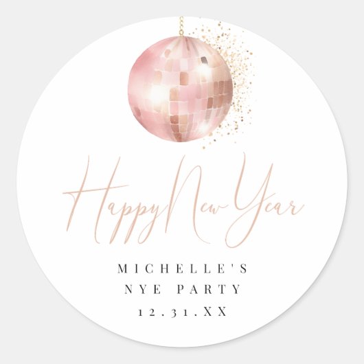 Happy New Year Blush Pink Rose Gold Disco Ball Runder Aufkleber (Vorderseite)
