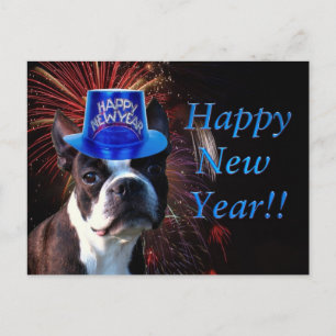 Happy New Year Boston Terrier Postcard Feiertagspostkarte