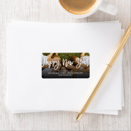 Happy New Year Brush Script Calligrafy Foto Adressaufkleber