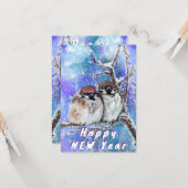 Happy New Year Card Sparrows Couple im Winter Karte (Vorderseite/Rückseite Beispiel)