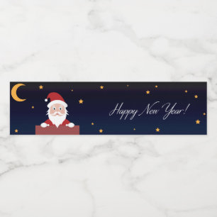 Happy New Year, Cartoon Santa on House Wasserflaschenetikett