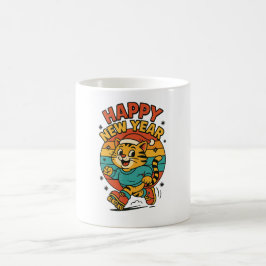 Happy New Year Cat - Cute 80s Cartoon Skating   Kaffeetasse