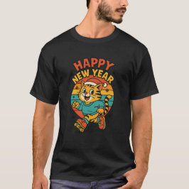 Happy New Year Cat - Cute 80s Cartoon Skating   T-Shirt