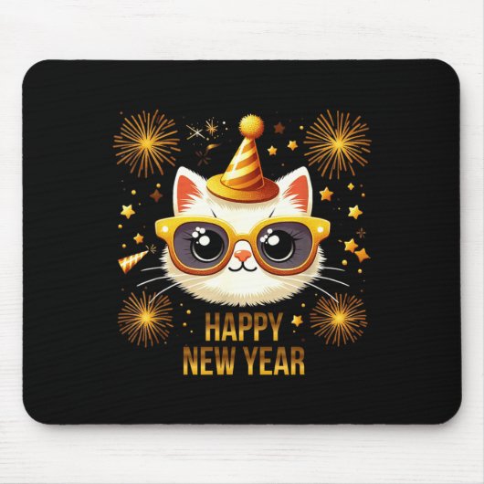 Happy New Year Cat Fireworks New Years Eve Party Mousepad (Vorne)