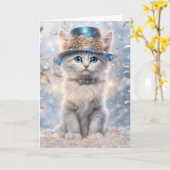 Happy New Year Cat in Party Hat and Streamers Karte (Gelbe Blume)