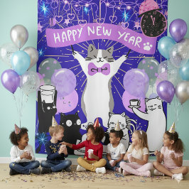 Happy New Year Cat Party Blue & Purple Backdrop Wandteppich
