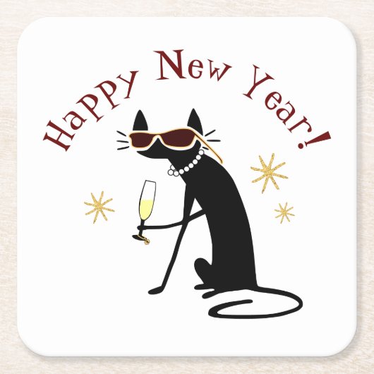 Happy New Year Cat with Champagne Rechteckiger Pappuntersetzer (Vorderseite)