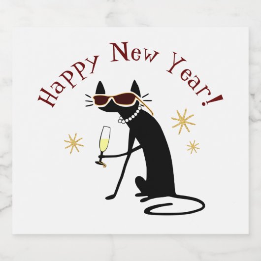 Happy New Year Cat with Champagne Schaumweinetikett (Einzelnes Label)