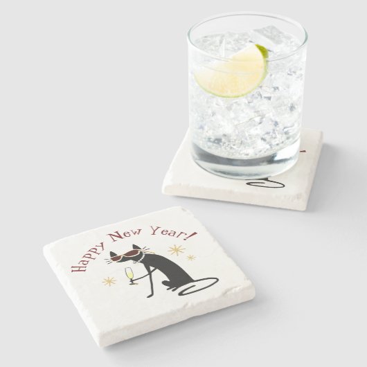Happy New Year Cat with Champagne Steinuntersetzer (Seitenansicht)