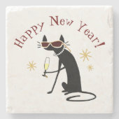 Happy New Year Cat with Champagne Steinuntersetzer (Vorderseite)