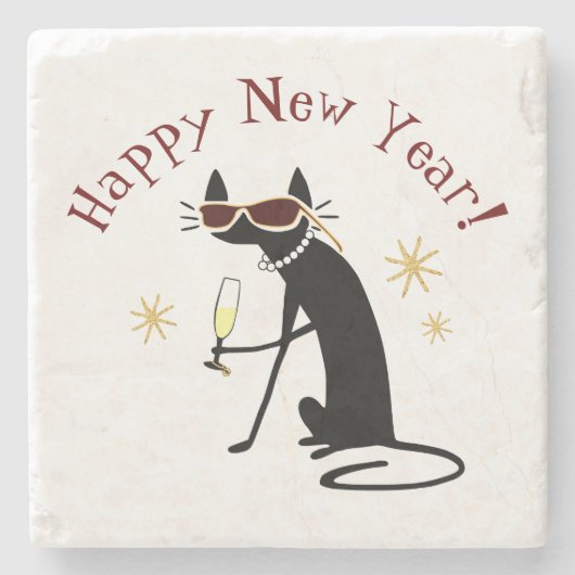Happy New Year Cat with Champagne Steinuntersetzer (Vorderseite)