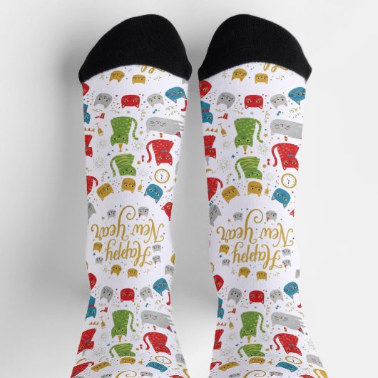 Happy New Year Cats Pattern Crew Socks Socken (Oben)