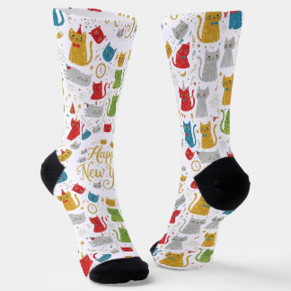 Happy New Year Cats Pattern Crew Socks Socken