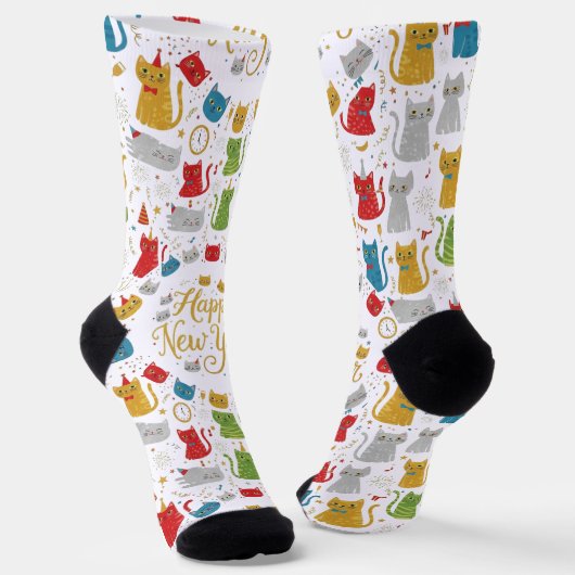 Happy New Year Cats Pattern Crew Socks Socken (Gewinkelt)
