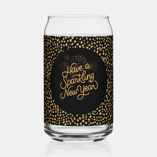 Happy New Year Celebrate,Gold Pixels Pattern,Black Dosenglas (Rückseite)