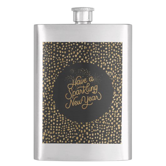 Happy New Year Celebrate,Gold Pixels Pattern,Black Flachmann (Vorderseite)