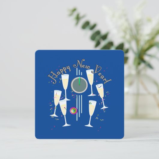 Happy New Year - Champagne Glasses and Clock Einladung (Stehend Vorderseite)