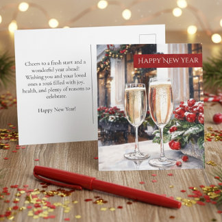 Happy New Year Champagne & Red Berries Holiday Postkarte