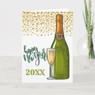 Happy New Year Champagne und Gold Stars Karte