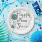 Happy New Year - Champagnerbrille und Uhr Pappteller (Party)