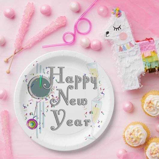Happy New Year - Champagnerbrille und Uhr Pappteller (Party)