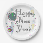 Happy New Year - Champagnerbrille und Uhr Pappteller (Vorderseite)