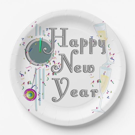 Happy New Year - Champagnerbrille und Uhr Pappteller (Vorderseite)