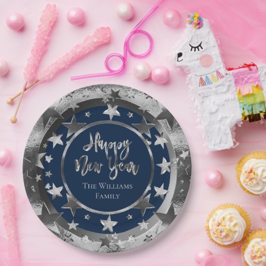 Happy New Year Chic Blue Silver Gray Stars Muster Pappteller (Party)