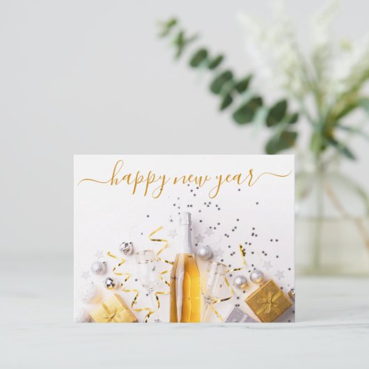 Happy New Year Chic Gold Champagne Streamers Postkarte (Stehend Vorderseite)