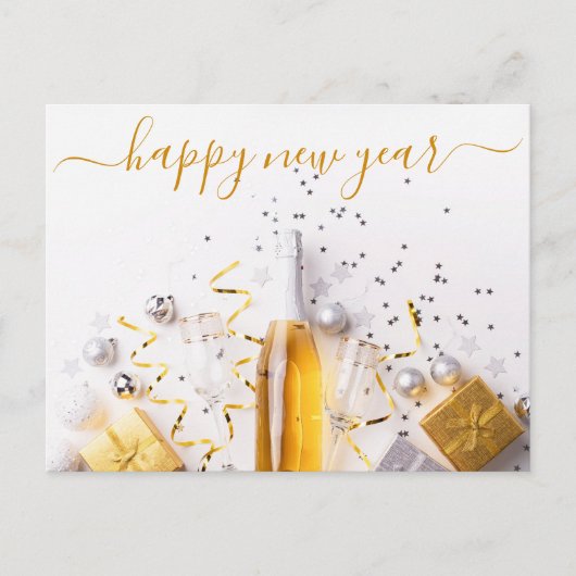 Happy New Year Chic Gold Champagne Streamers Postkarte (Vorderseite)