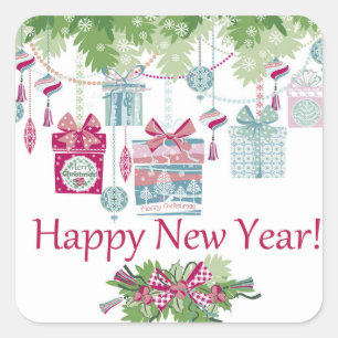 Happy New Year Chic Watercolor Dekorationen Quadratischer Aufkleber