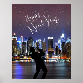 Happy New Year City Skyline Trumpet Man Stars Poster