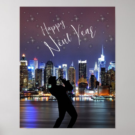 Happy New Year City Skyline Trumpet Man Stars Poster (Vorne)