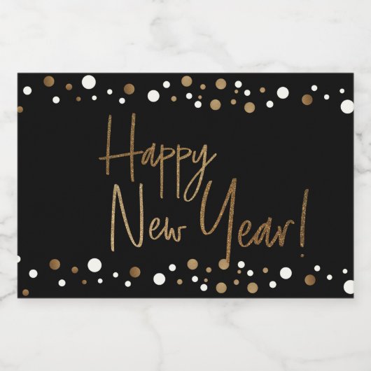 Happy New Year Classy Black Gold White Confetti Schaumweinetikett (Einzelnes Label)
