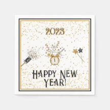 Happy New Year Clock Gold und Black Napkins
