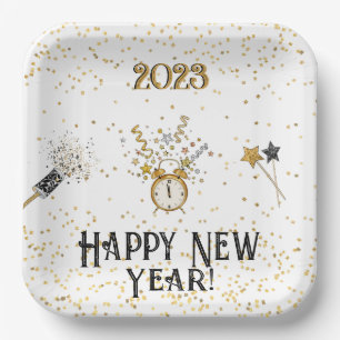 Happy New Year Clock Gold und Black Pappteller