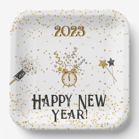 Happy New Year Clock Gold und Black Pappteller (Vorderseite)