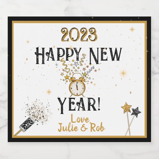 Happy New Year Clock, Hat, Confetti, Custom Champa Alkoholflaschenetikett (Einzelnes Label)