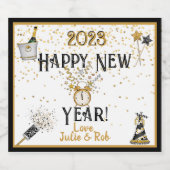 Happy New Year Clock, Hat, Confetti, Custom Schaumweinetikett (Einzelnes Label)