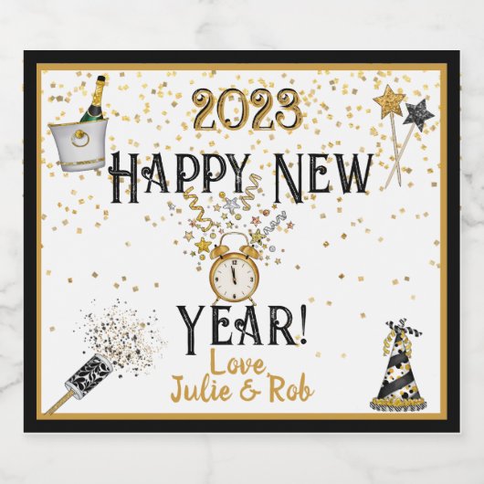 Happy New Year Clock, Hat, Confetti, Custom Schaumweinetikett (Einzelnes Label)