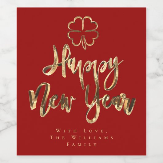 Happy New Year Clover Elegante Imitate Gold Chic R Weinetikett (Einzelnes Label)