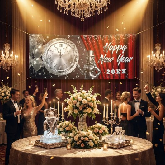 Happy New Year Countdown Silver and Red Banner