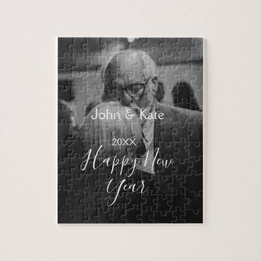 Happy new year couple photo name year black white puzzle (Vertikal)