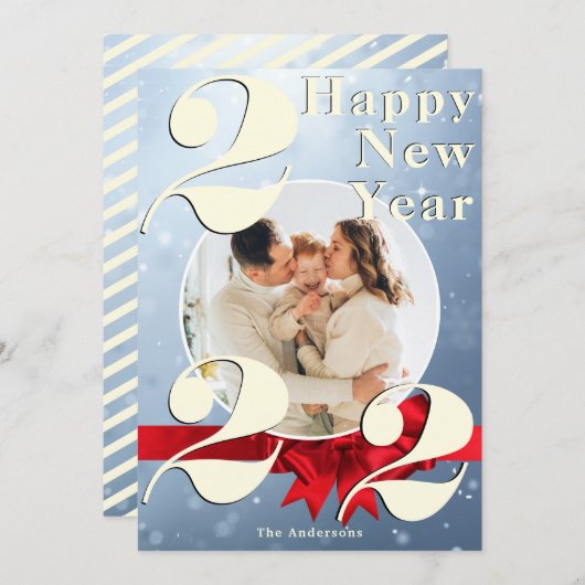 Happy New Year Custom 2022 Blue Snow Foto Card Einladung (Vorne/Hinten)