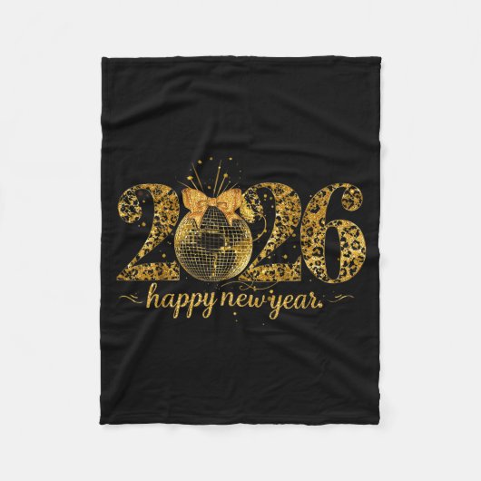 Happy New Year Cute Gold Disco Ball Bow New Year's Fleecedecke (Vorderseite)