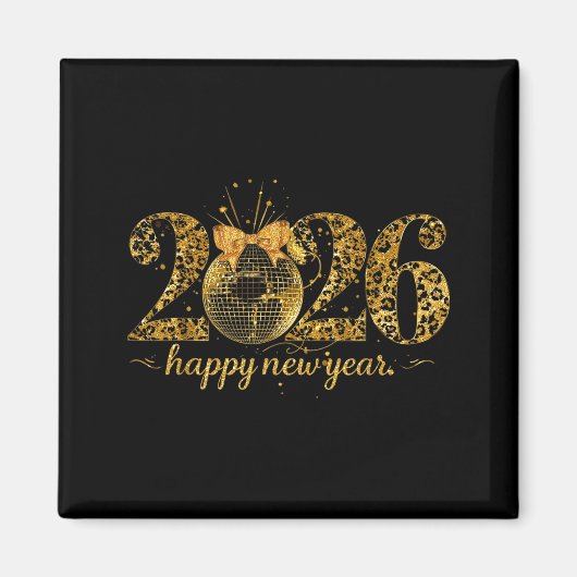 Happy New Year Cute Gold Disco Ball Bow New Year's Magnet (Vorne)