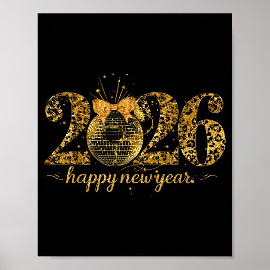 Happy New Year Cute Gold Disco Ball Bow New Year's Poster (Vorne)